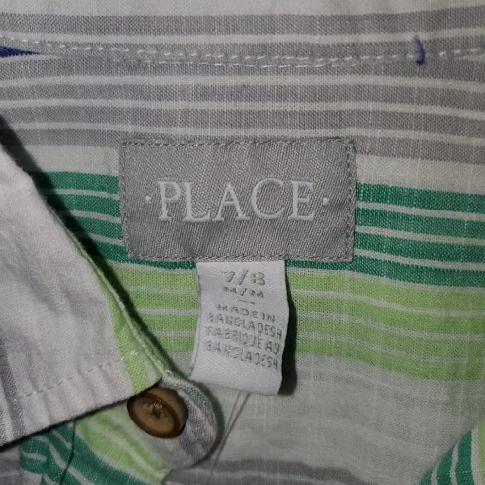 The Children's Place Green Boys Short Sleeve Striped Button Down Shirt S…